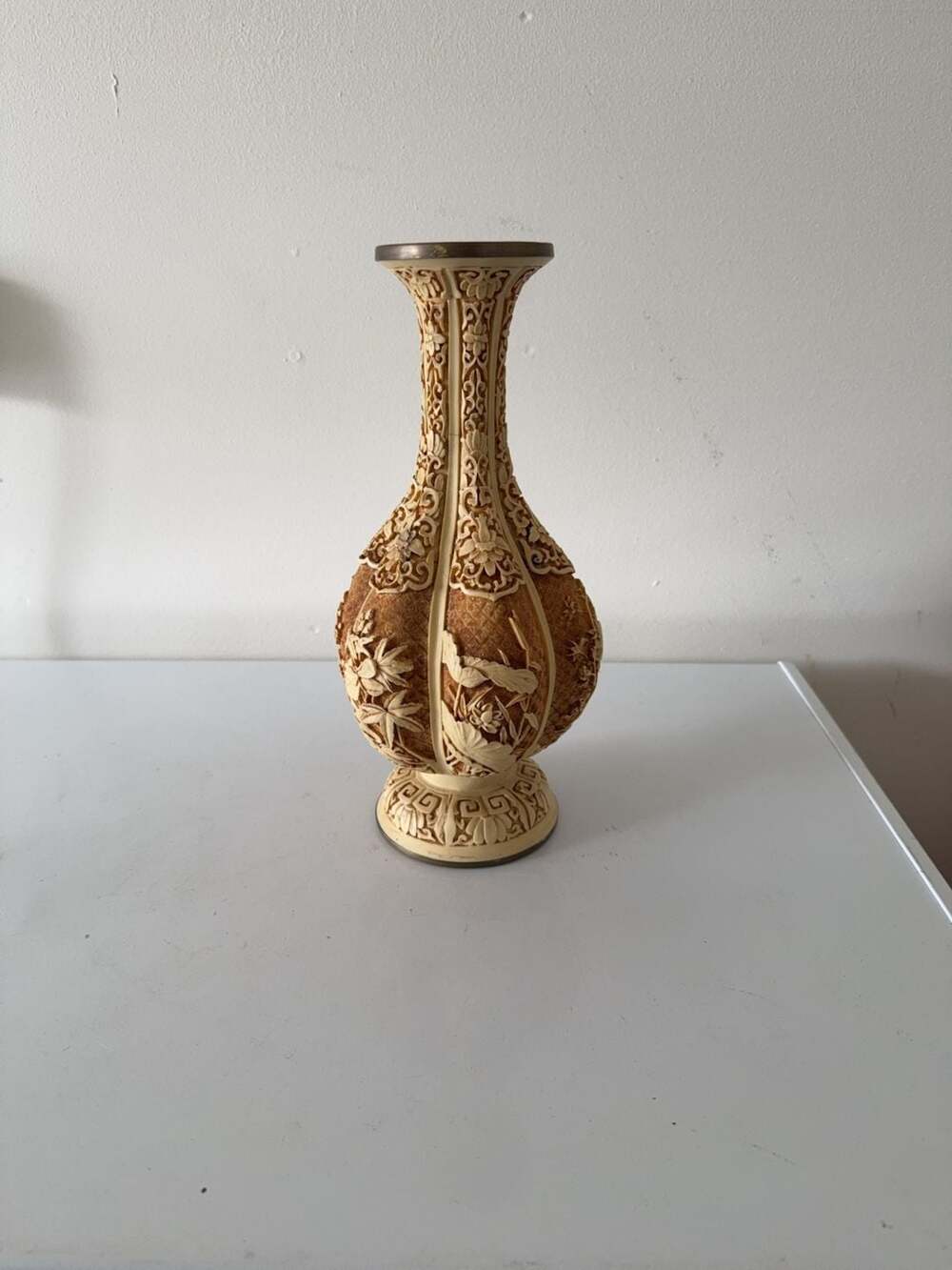 Vintage Asian-Style Faux Carved Resin and Brass Vase